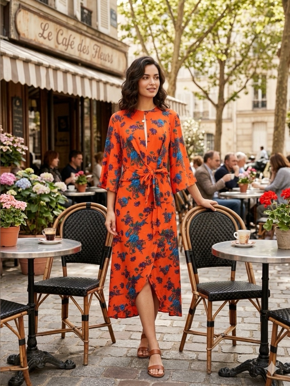 Topshop Floral Tie-Waist Orange Midi Dress